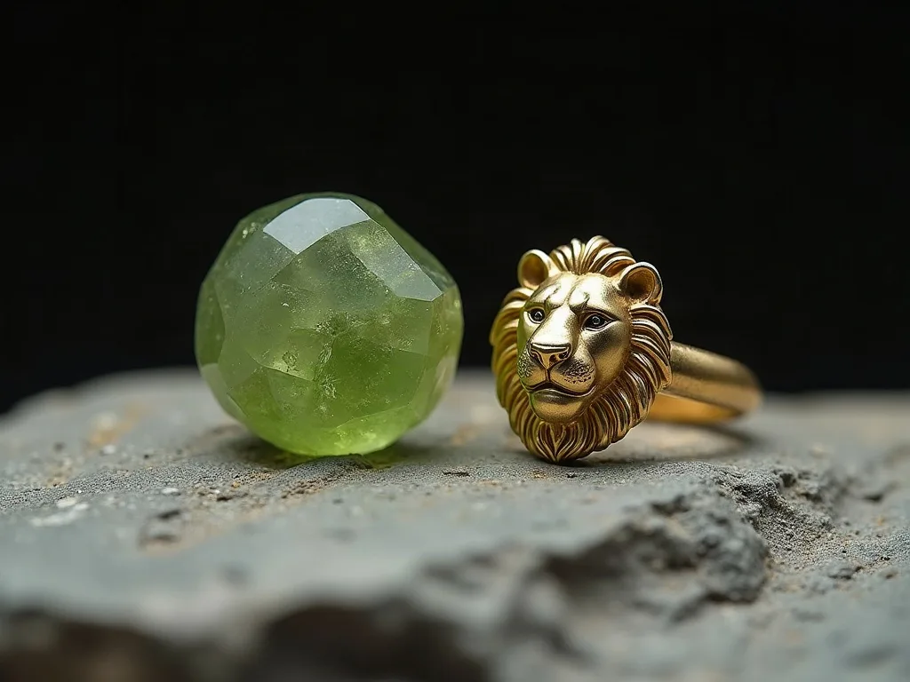 Péridot brut facetté et bague en bronze à tête de lion posés sur pierre grise, montrant la teinte vert doré de la gemme.