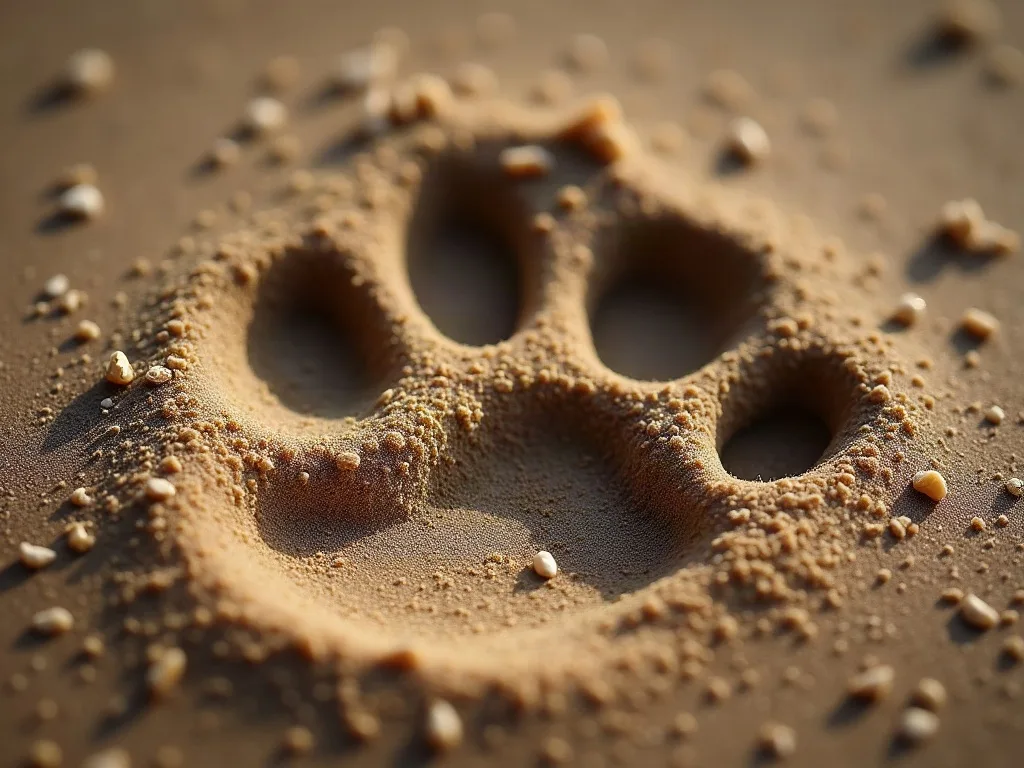 Empreinte de lion dans le sable montrant le coussinet à trois lobes caractéristique et les quatre doigts sans marque de griffe.