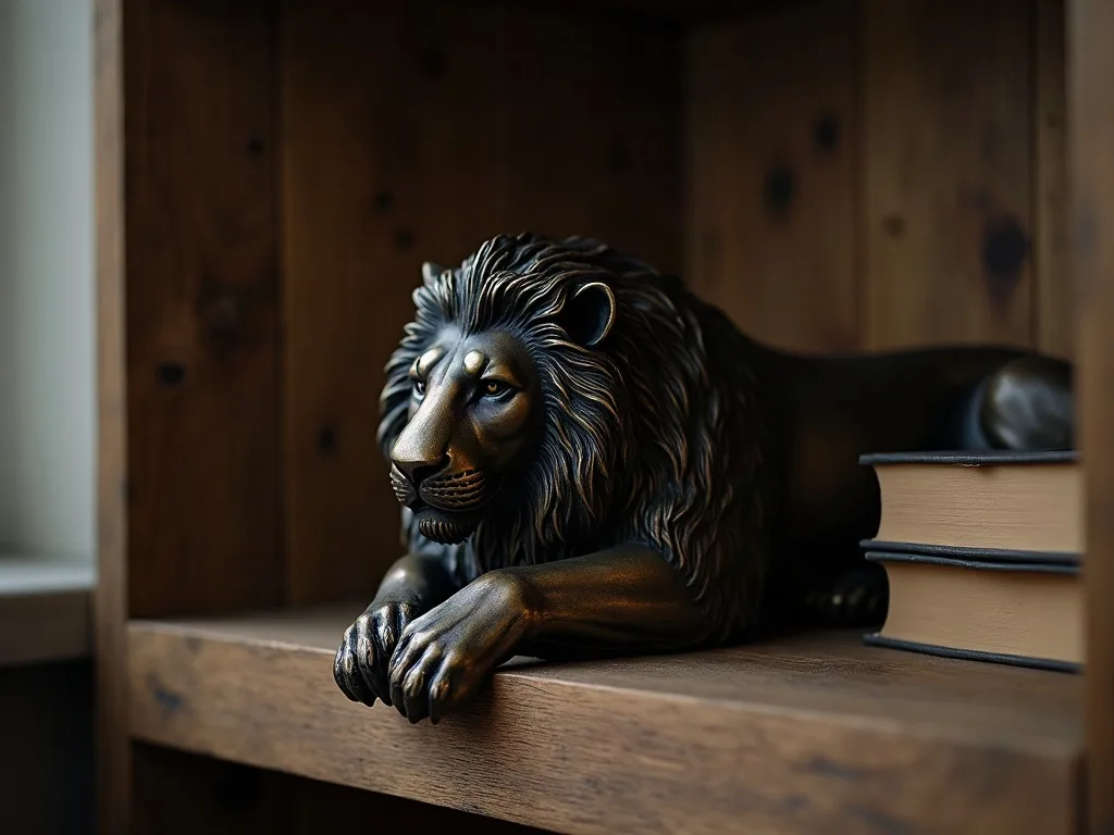 Un lion couché en bronze sur une étagère, entre des livres : la posture la plus calme, et la plus proche de l'animal.