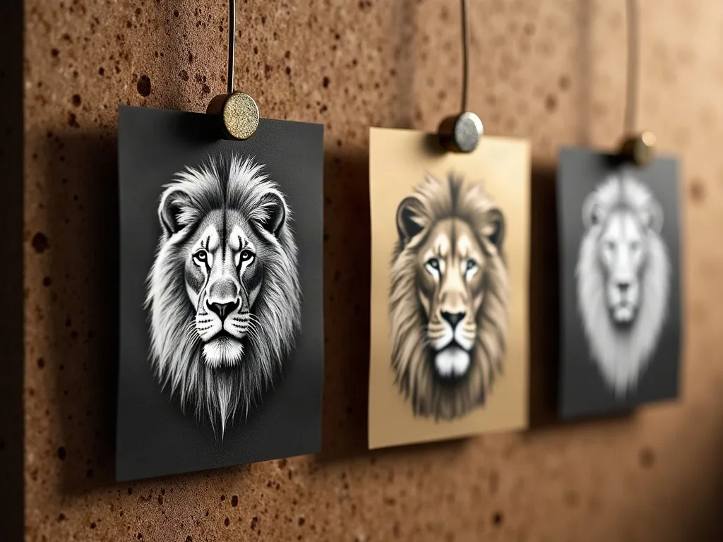 Trois traitements du même lion épinglés côte à côte : noir et blanc contrasté, tons chauds, image plus pâle. Vus ensemble, on voit lequel reste net en lumière faible.