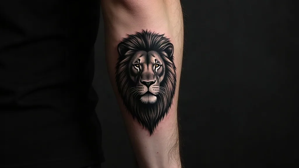 Une tête de lion en black and grey sur l'intérieur de l'avant-bras : peau tendue, motif vu par son porteur toute la journée.