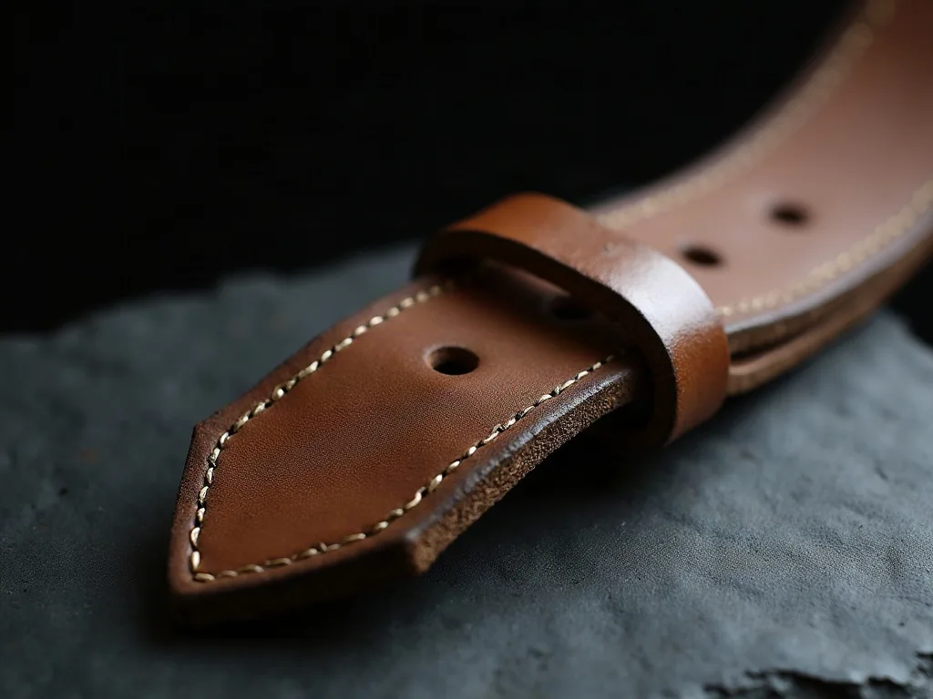 Couteau de chasse avec fourreau en cuir marron piqué, reposant sur une surface grise.