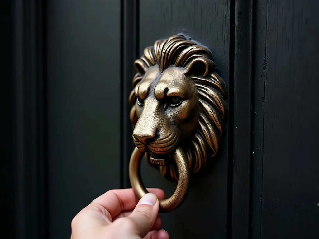 Un heurtoir tête de lion en laiton sur une porte sombre, une main sur l'anneau : le plus ancien des lions gardiens, à hauteur de visiteur.