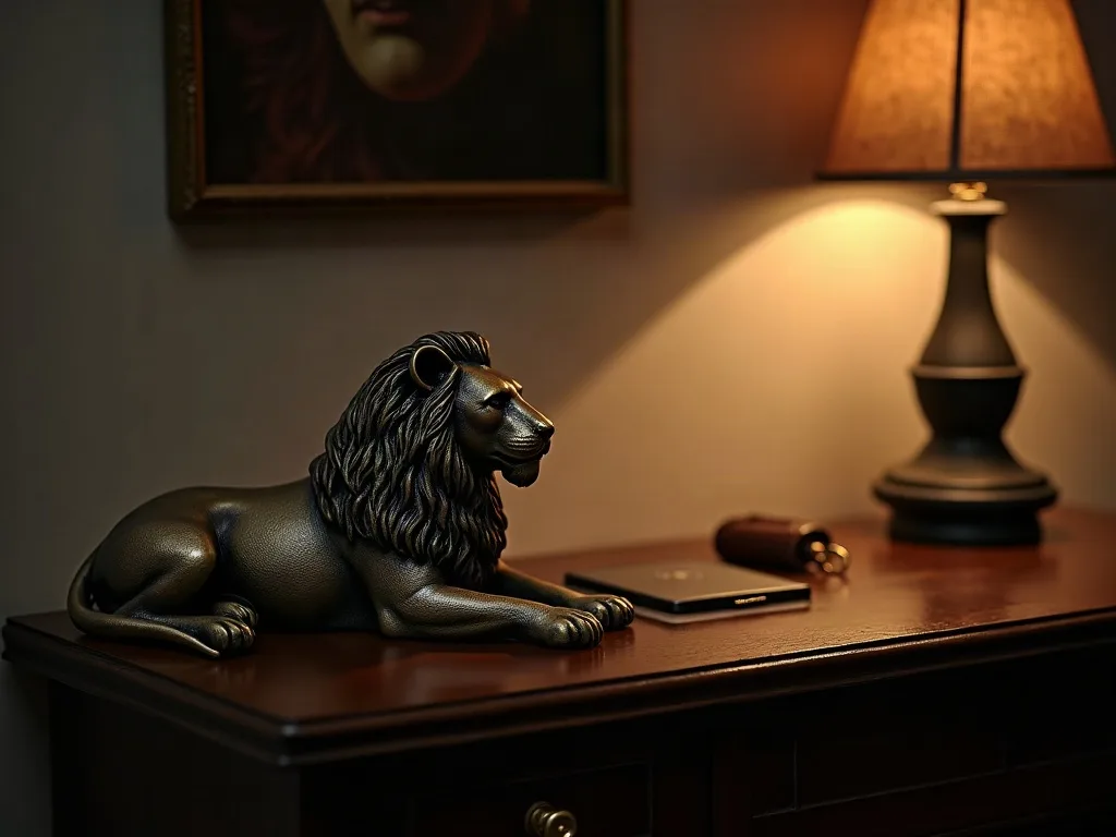 Un lion couché en bronze sur un bureau en bois, sous une lampe : à l'intérieur, une statue de lion marque un coin plutôt qu'une porte.