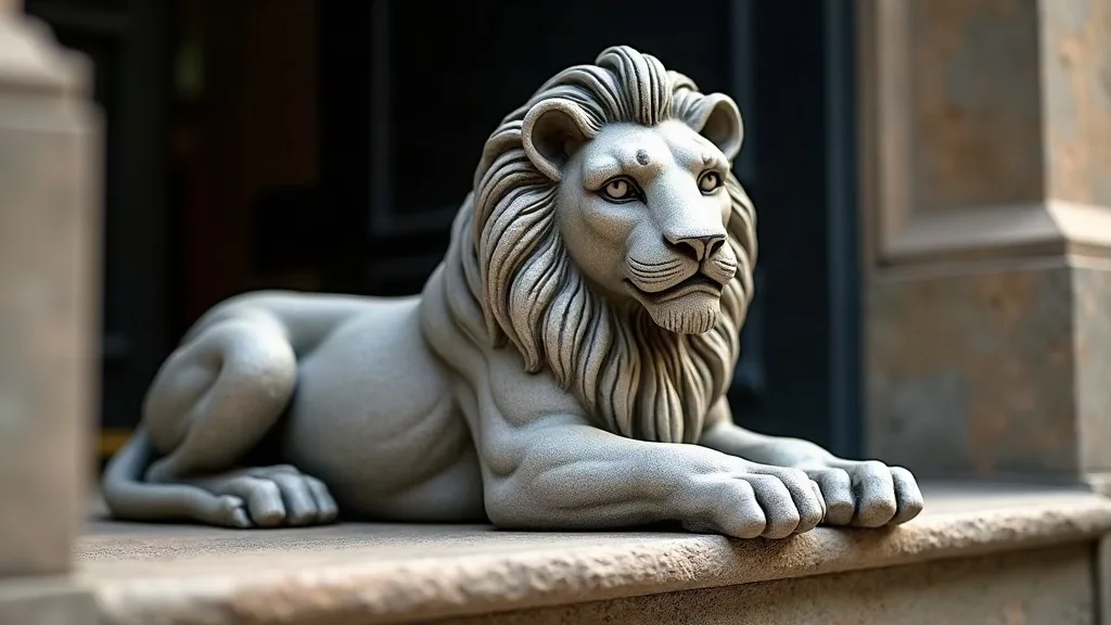 Un lion couché en pierre, gueule fermée, tête haute, posé sur une marche devant une porte : la posture du gardien calme.