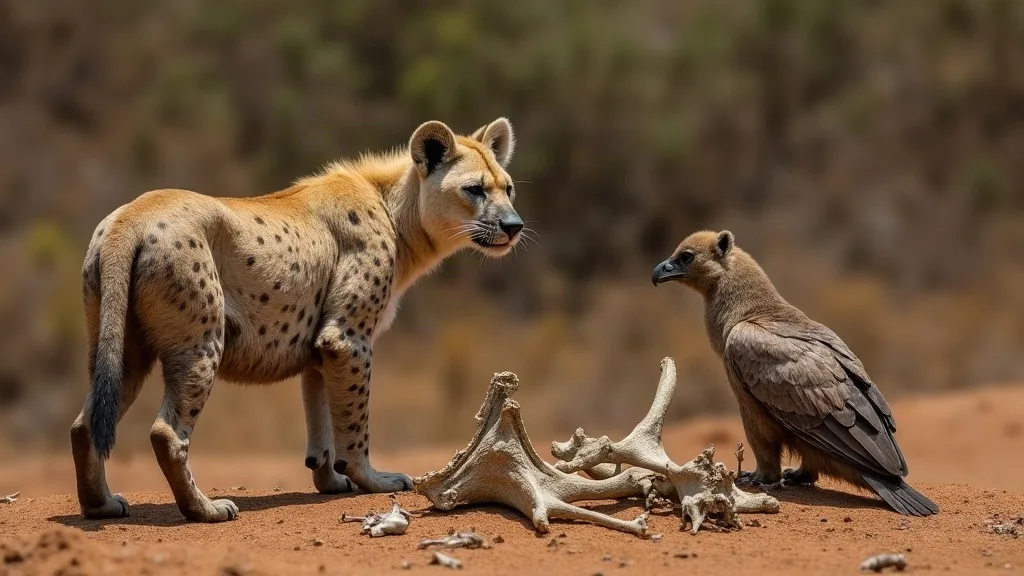 Une hyène tachetée et un vautour à capuchon se partagent les restes d'une antilope sur un sol poussiéreux.