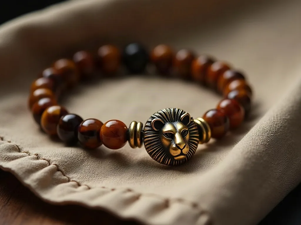 Bracelet élastique composé de perles d'oeil de tigre brun et d'une tête de lion en bronze, posé à plat sur un tissu de coton beige.