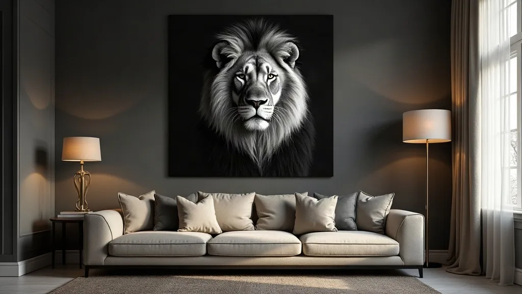 Un portrait de lion en noir et blanc au-dessus d'un canapé : le regard de face attire l'attention dès la porte.