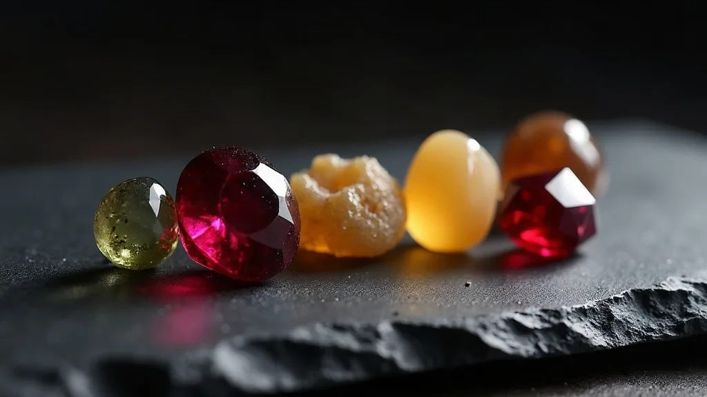 Cinq pierres brutes et taillées alignées sur ardoise noire: rubis rouge facetté, péridot olive, citrine dorée, ambre miel et pierre translucide.