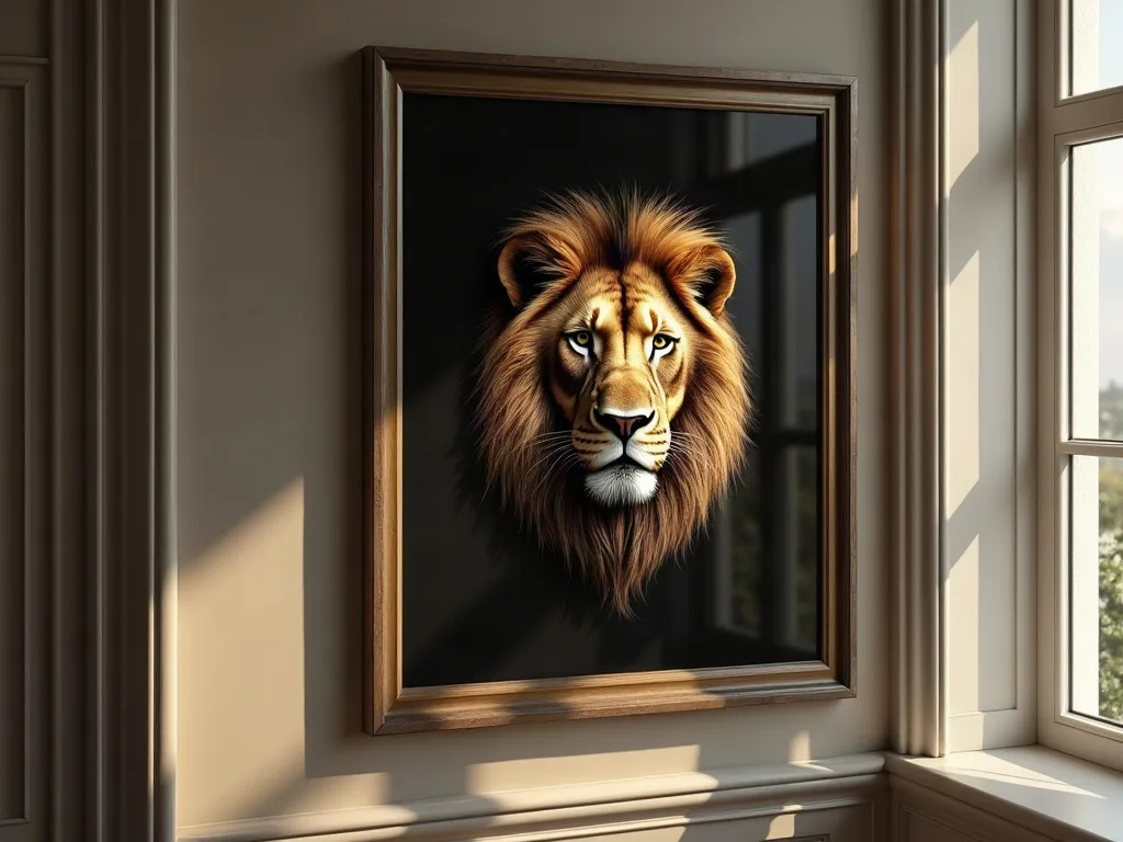 Un tableau sous verre face à une fenêtre : le reflet se superpose au lion. Sur ce mur, une toile mate s'impose.