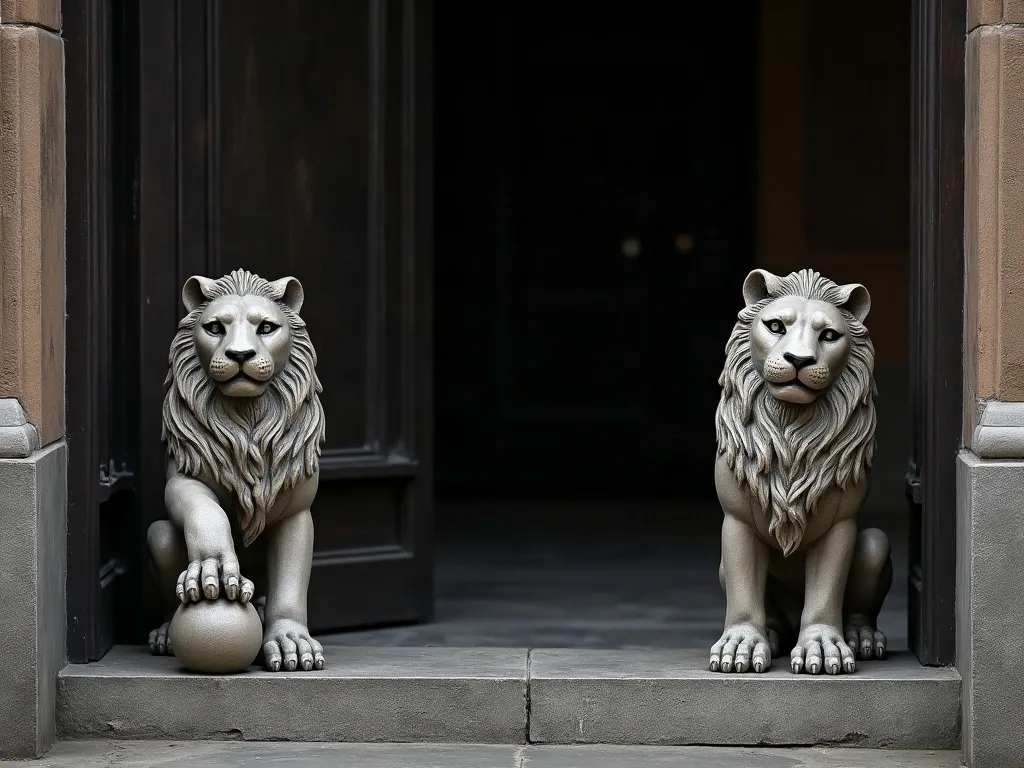Une paire de lions en pierre à une porte, le mâle la patte sur une boule : la disposition traditionnelle des gardiens de seuil.