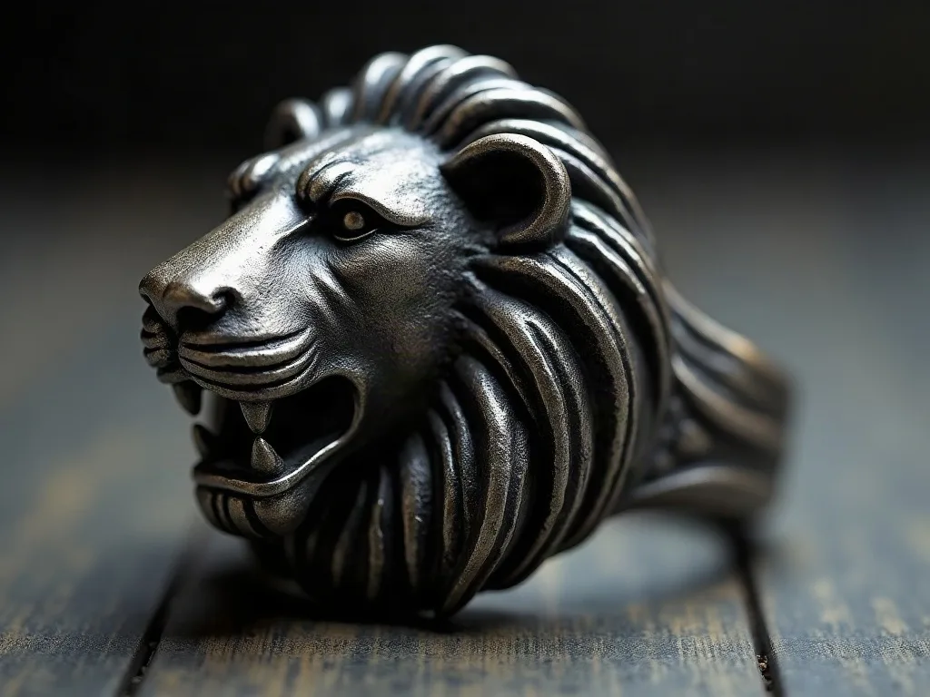 Tête de lion en argent massif oxydé avec crinière sculptée, les creux sombres et les arêtes polies créant le relief du motif.