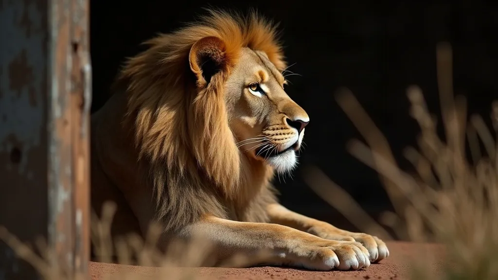 Lion allongé au repos à l'ombre, observé de profil depuis un véhicule de safari pendant les heures chaudes du jour.