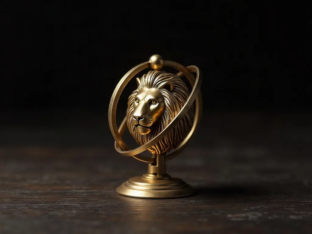 Sphère armillaire en laiton doré avec tête de lion au centre, anneaux mobiles entrecroisés, posée sur socle circulaire sur bois sombre.
