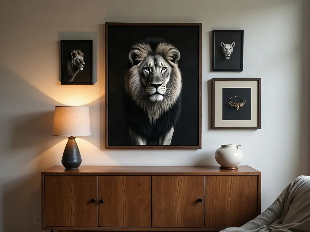 Un mur de galerie autour d'un portrait de lion : les petits cadres s'alignent sur un axe commun, le lion reste la plus grande pièce.