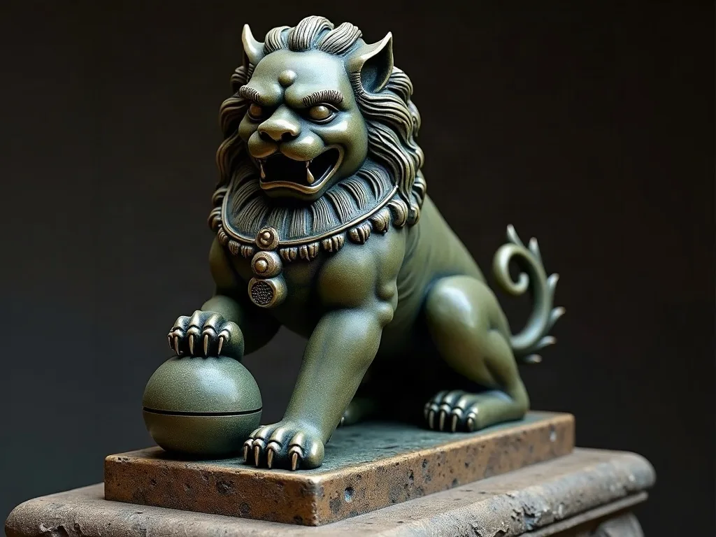 Un lion gardien chinois en bronze, gueule ouverte, la patte posée sur une boule décorée : le mâle de la paire.