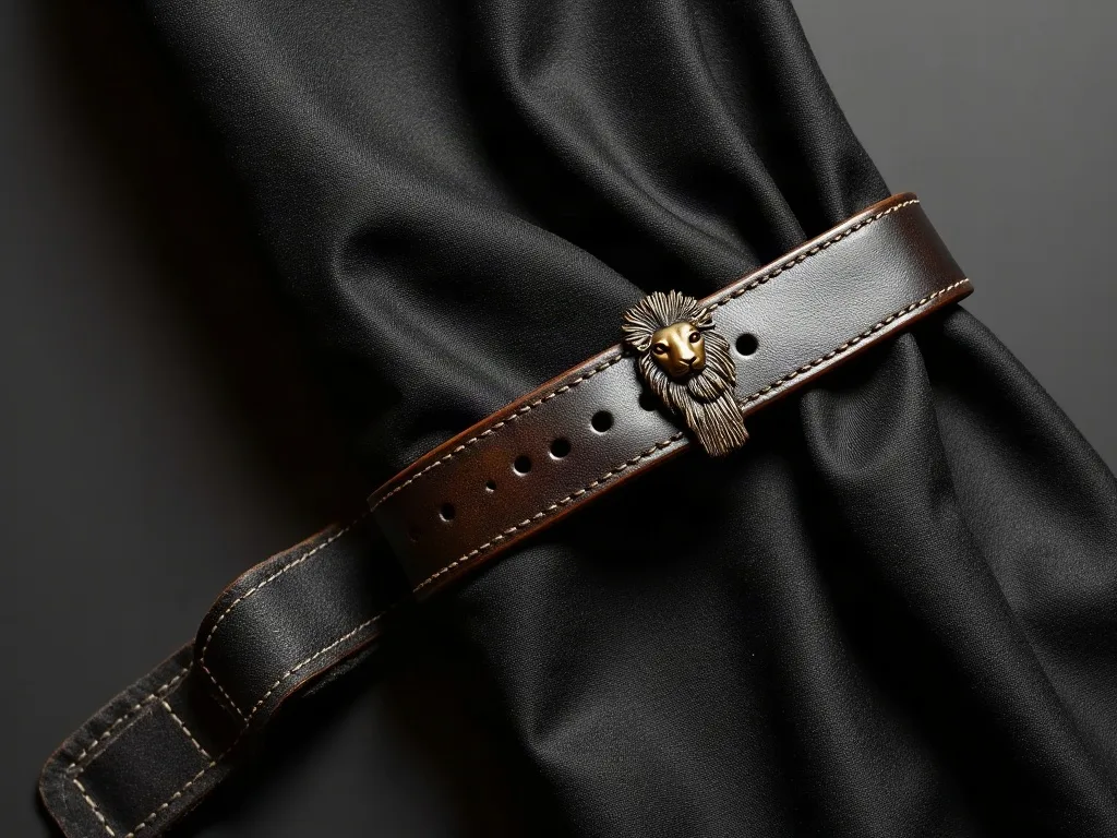 Ceinture en cuir marron avec boucle ornementale en laiton passée dans les passants d'un pantalon gris anthracite.