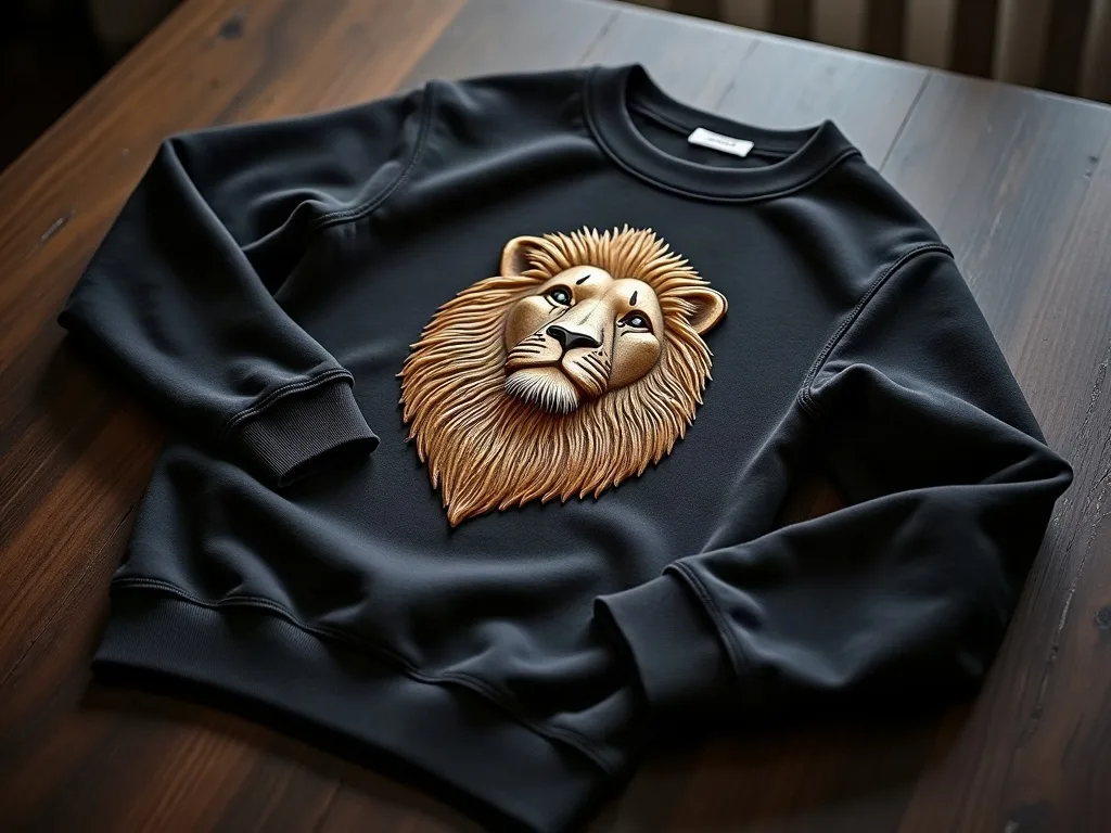 Sweatshirt noir avec tête de lion dorée imprimée sur le devant, posé à plat sur une table en bois.