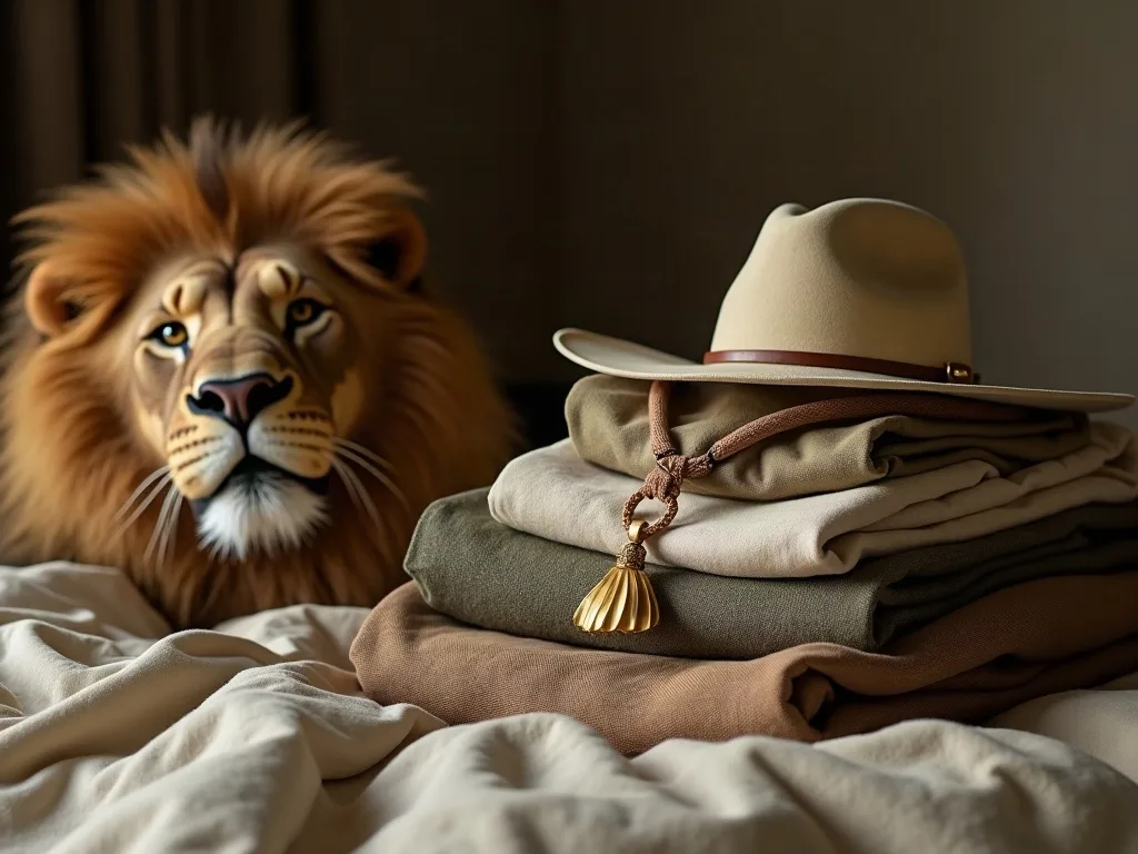 Vêtements de safari en tons neutres empilés sur un lit: chemise kaki, polaire olive, chapeau et cordelette à gland dorée.