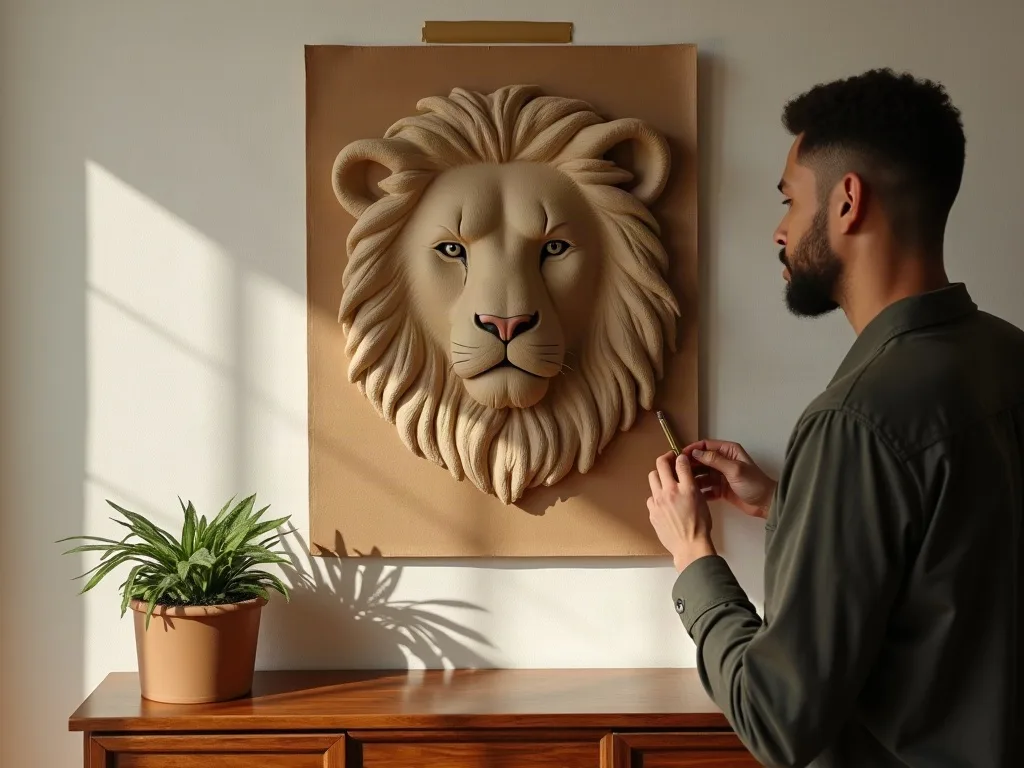 Une tête de lion en relief sur un mur : la lumière de côté fait ressortir la crinière, un effet qu'une toile mate obtient avec son grain.