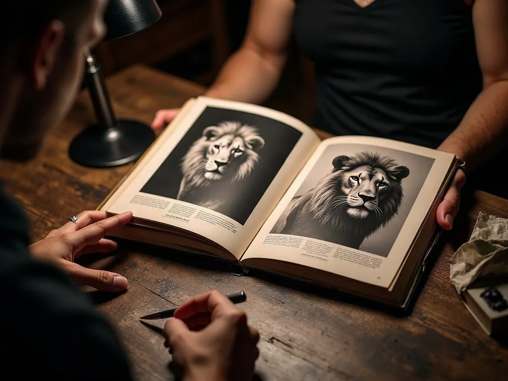 Un portfolio de tatoueur ouvert sur deux lions : ce sont les photos de pièces cicatrisées depuis des années qu'il faut demander.