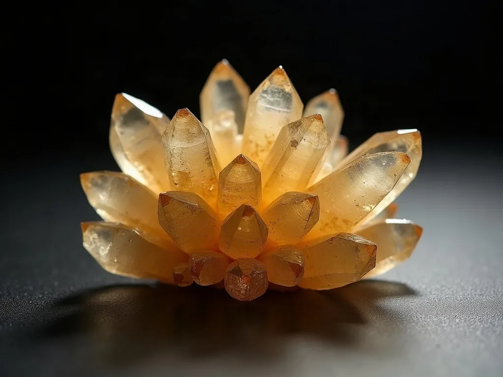 Grappe de cristaux de quartz citrine naturel avec zonage de couleur visible et pointes jaune pâle sur surface mate grise.