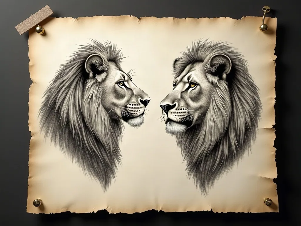Sur une planche de tatoueur, la différence saute aux yeux: le profil de lionne se lit au trait, le lion de face a besoin de masses et donc de surface.
