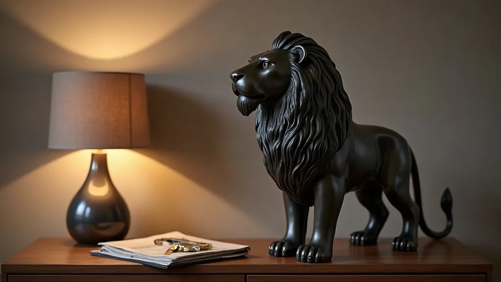 Un lion debout en résine noire sur une console, à côté d'une lampe : à l'intérieur, la statue arrive à hauteur du regard, le format reste modeste.