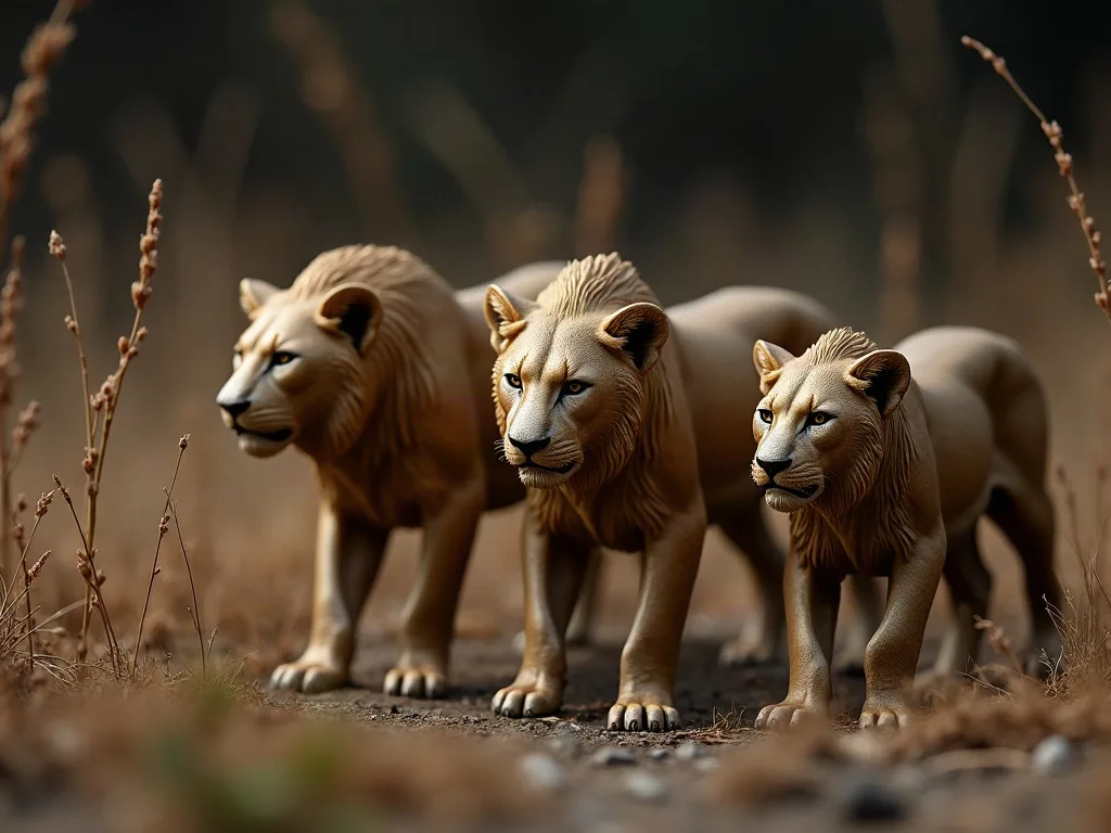 Trois lionnes marchent côte à côte dans la savane sèche, herbes et arbustes flous en arrière-plan.