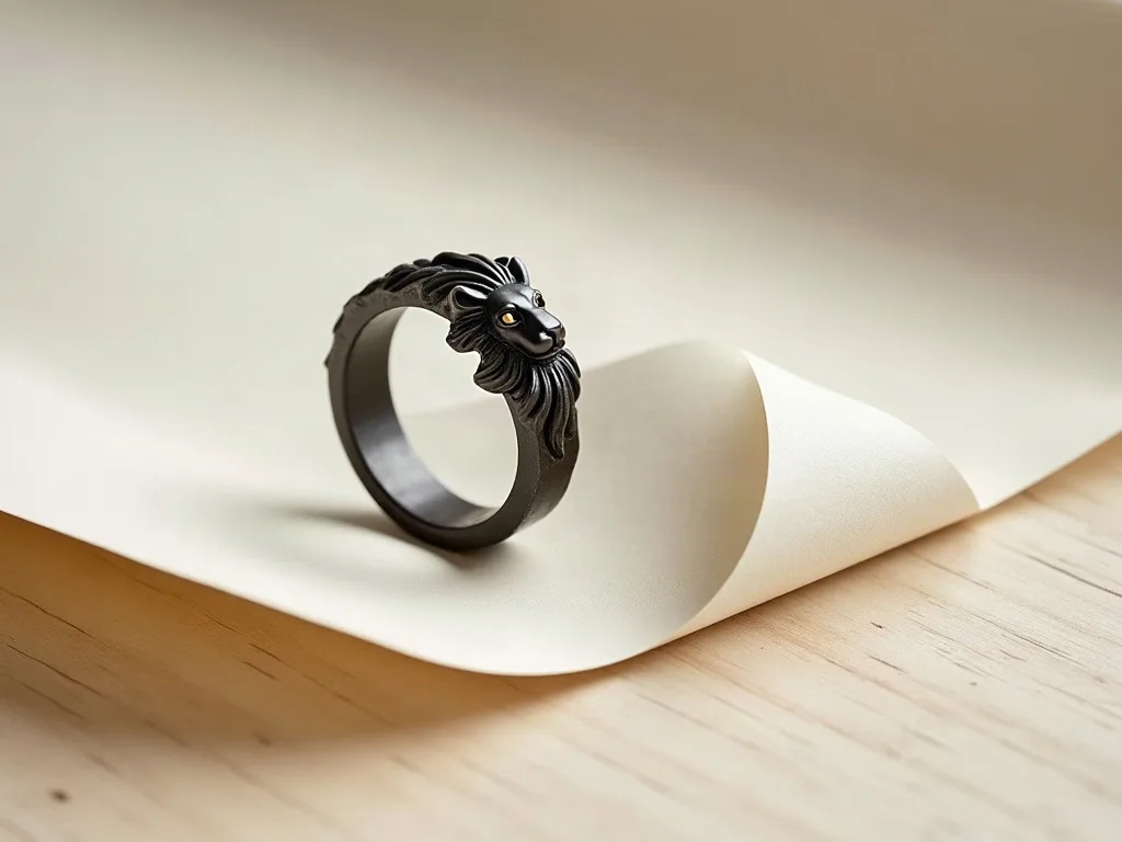Bague en acier noir avec tête de lion sur une bande de papier blanc enroulée, permettant de mesurer la taille de doigt.