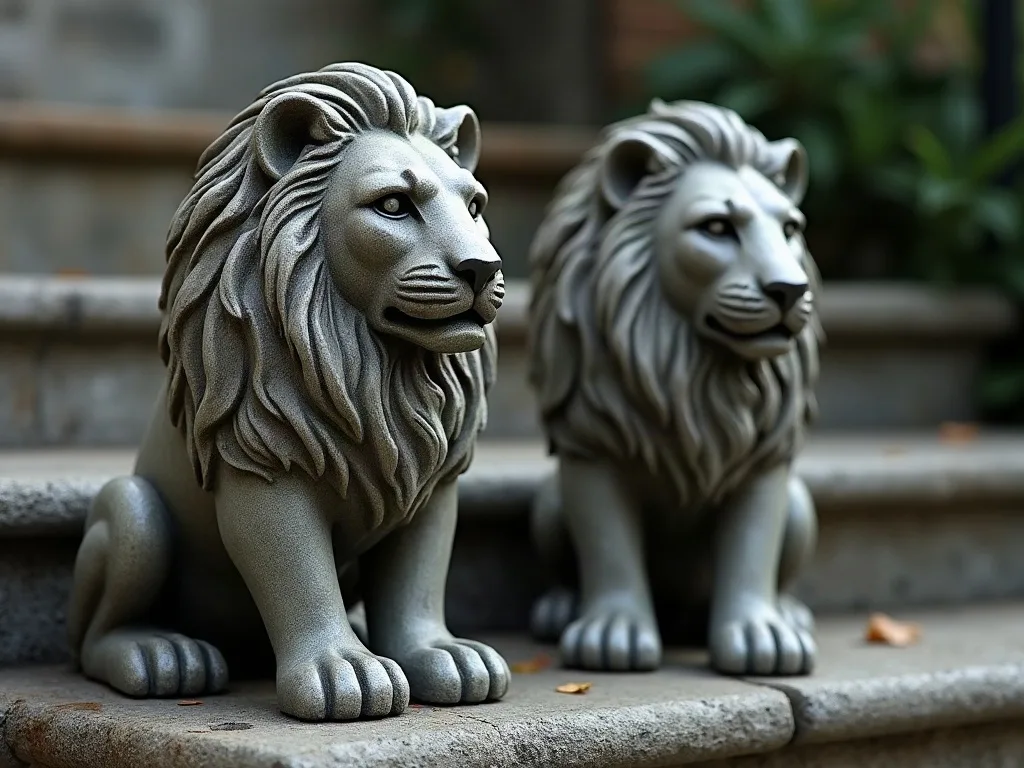 Deux lions assis en pierre sur les marches d'une entrée, tournés vers l'extérieur : la paire encadre le passage.