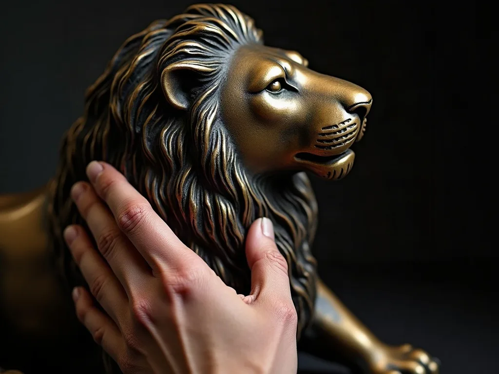 La main sur un lion en bronze : les arêtes de la crinière s'éclaircissent là où on les touche, les creux restent sombres. C'est ce qu'on appelle la patine.