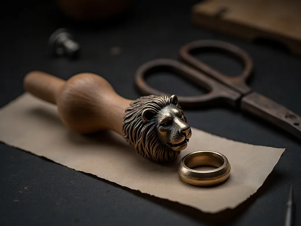 Tête de lion en bronze sur un mandrin à bagues, papier blanc et ciseaux sur établi sombre, vue de dessus.