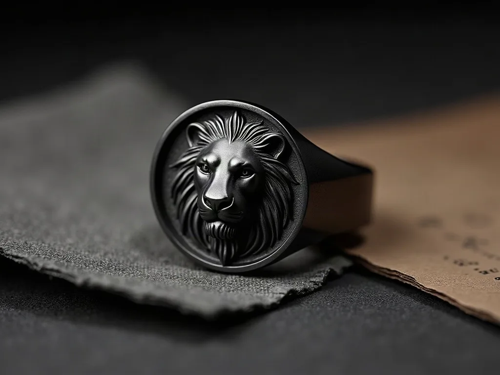 Bague en acier noir avec tête ovale gravée d'une tête de lion, posée sur un tissu gris anthracite, gros plan macro révélant la finition mate du métal.