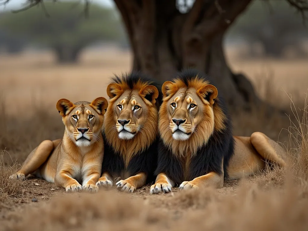 Trois lions allongés côte à côte sur le sol sableux, deux femelles et un mâle à crinière noire, sous l'ombre d'un acacia.