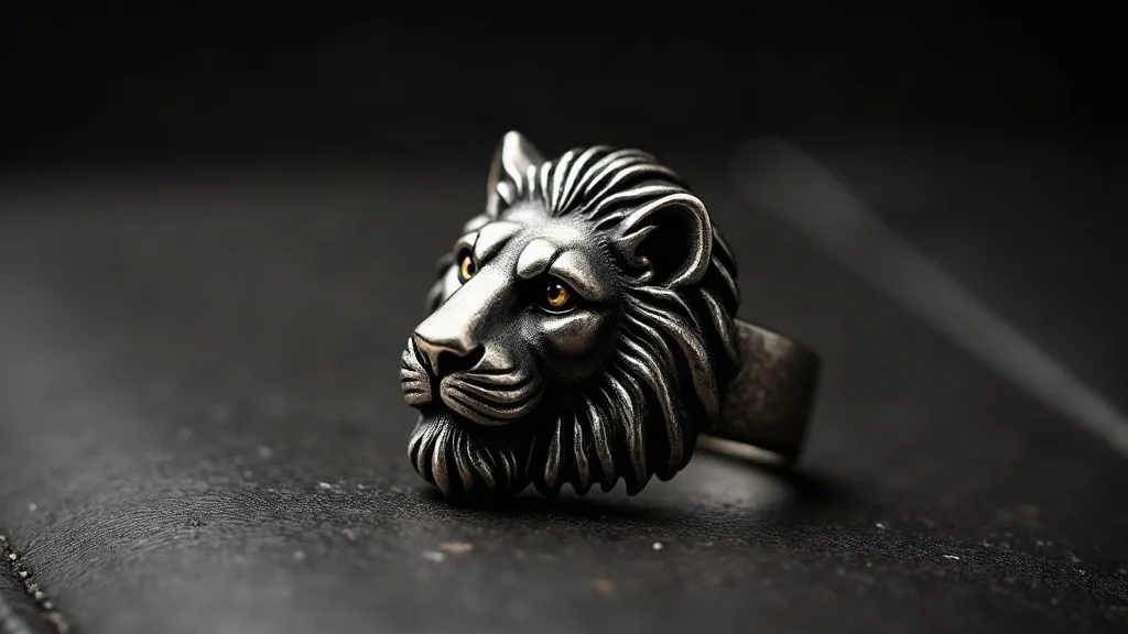 Bague chevalière en métal avec tête de lion en relief, éclairée par une lumière rasante qui souligne la profondeur des détails sur cuir noir.