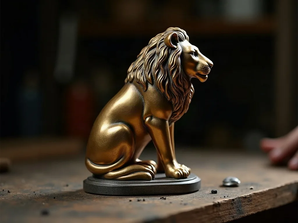 Un petit lion assis doré sur son socle, posé sur un établi : avec un socle plein et un centre de gravité bas, elle ne bouge pas.