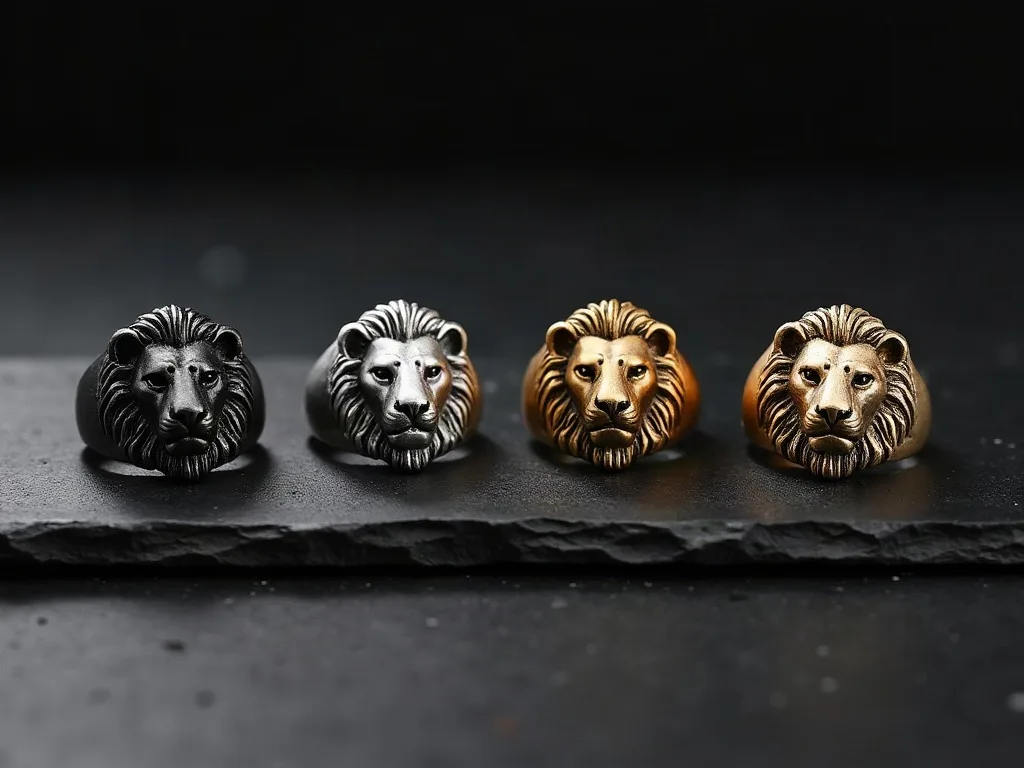 Quatre bagues chevalière à tête de lion en acier, argent, or et bronze alignées sur une ardoise noire, mettant en évidence leurs finitions contrastées.