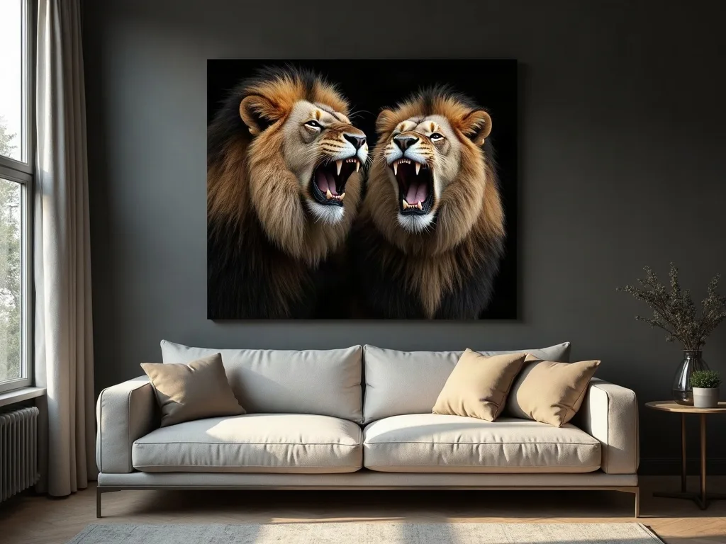 Toile tendue représentant deux lions rugissants accrochée au-dessus d'un canapé gris clair dans un intérieur épuré.