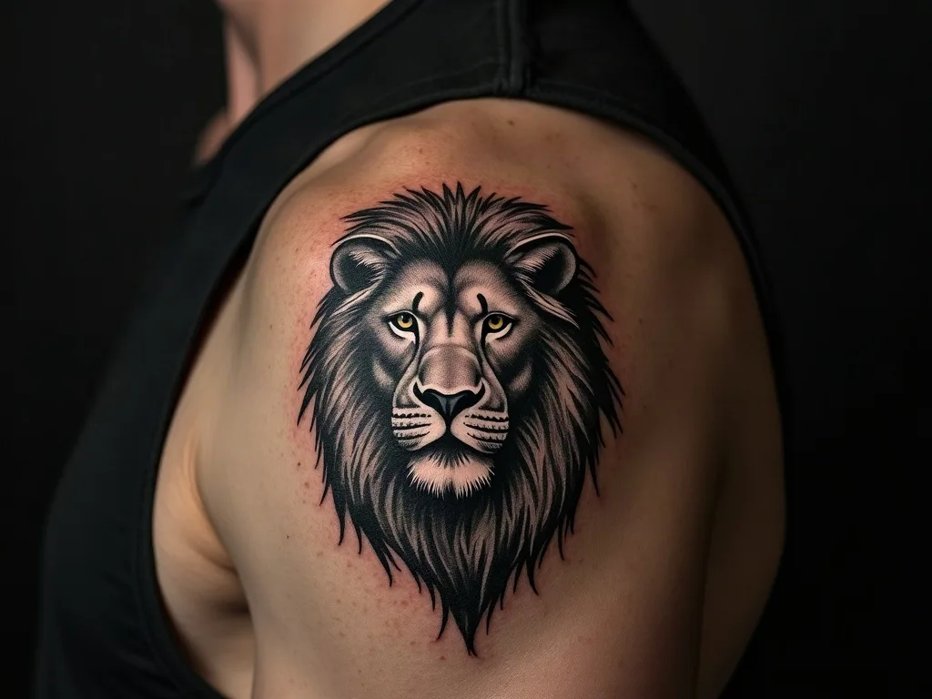 Une tête de lion sur l'épaule : une zone qui bouge, où le motif se déforme quand on lève le bras.