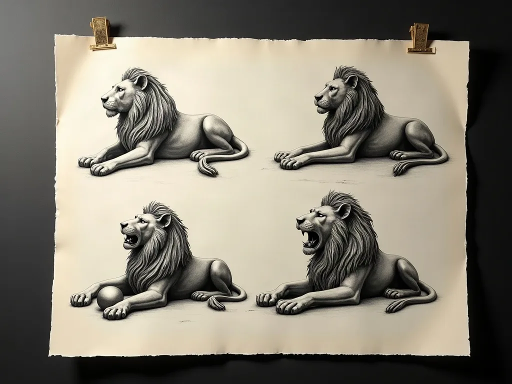 Quatre lions couchés dessinés sur une planche : tête haute, tête tournée, gueule fermée et gueule ouverte, patte sur une boule.