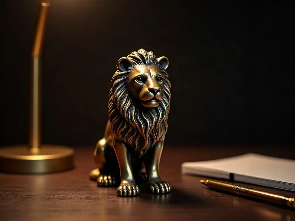 Un petit lion assis sur un bureau, tourné vers l'entrée de la pièce plutôt que vers l'écran.