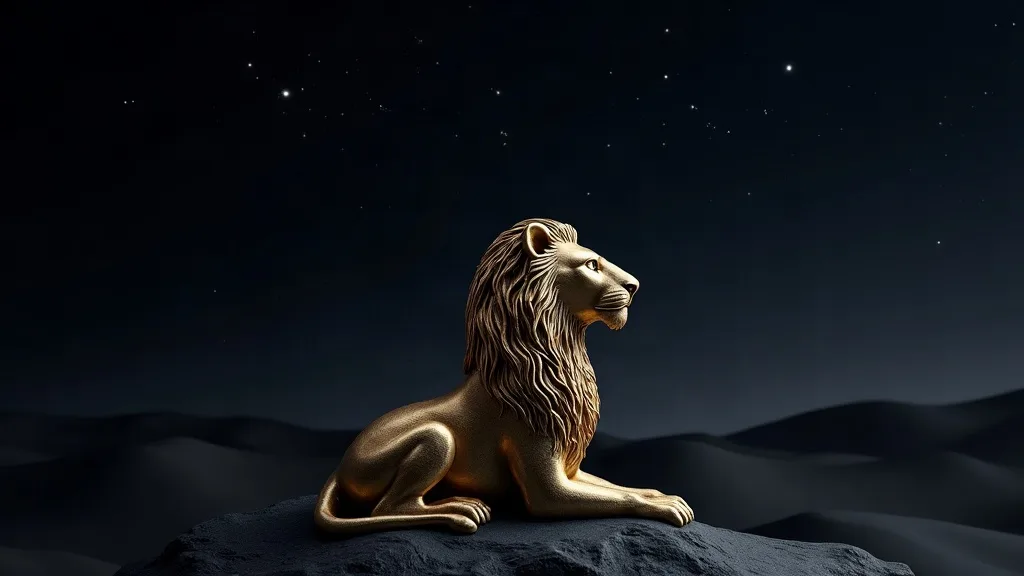 Statuette dorée de lion allongé sur un rocher, face de profil, sous un ciel étoilé nocturne.