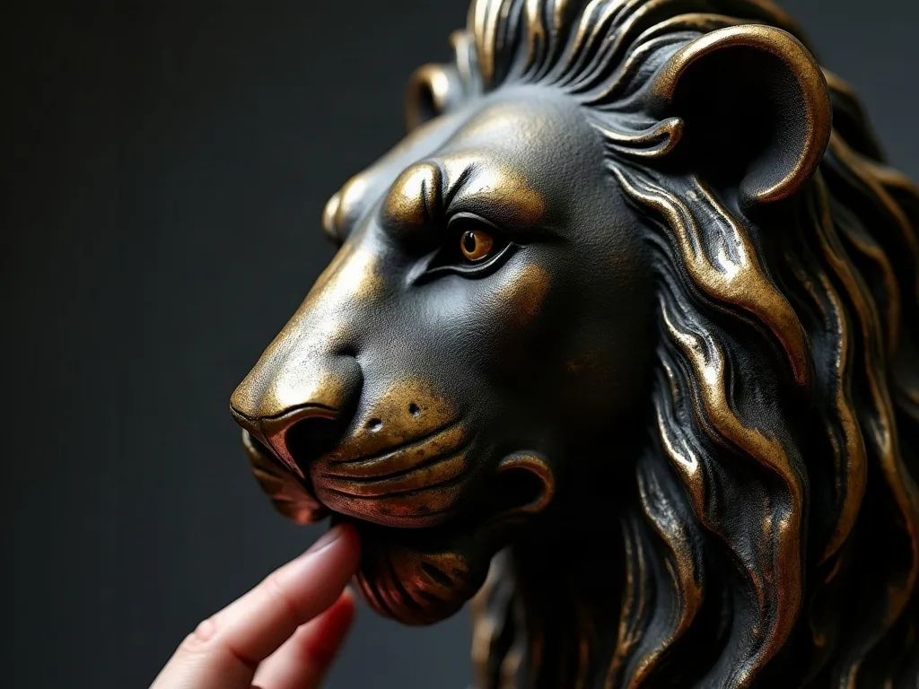 Une tête de lion en bronze vue de profil, creux sombres et arêtes claires : une patine paraît ancienne grâce à ce contraste.