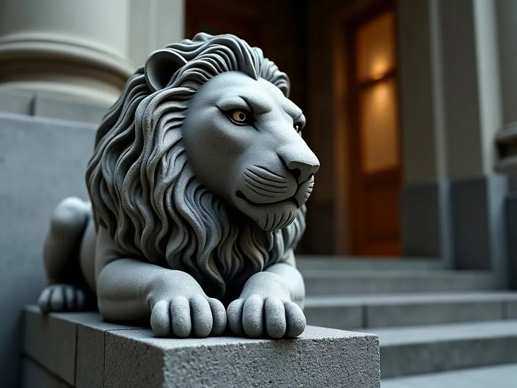 Un lion de pierre couché sur les marches d'une entrée : c'est cette tradition qu'un tableau lion rappelle face à une porte.