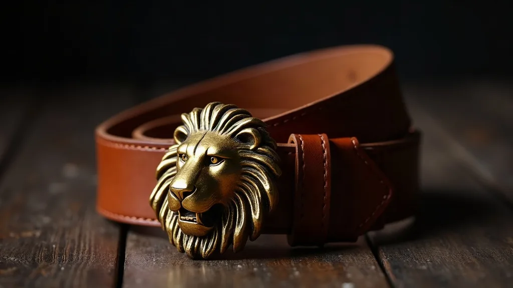 Ceinture en cuir marron avec boucle en forme de tête de lion dorée, posée sur une table en bois foncé.