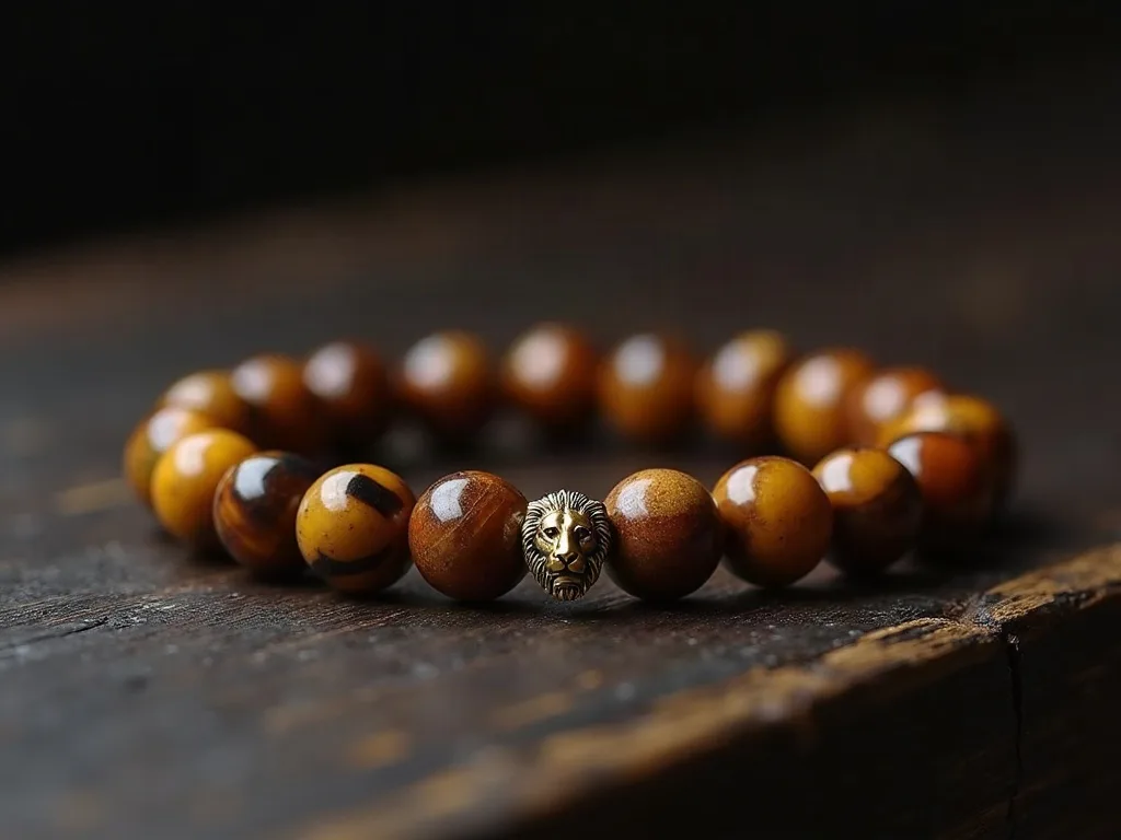 Bracelet en perles d'œil de tigre poli de 8 mm avec pendentif tête de lion en métal doré, posé sur bois foncé.