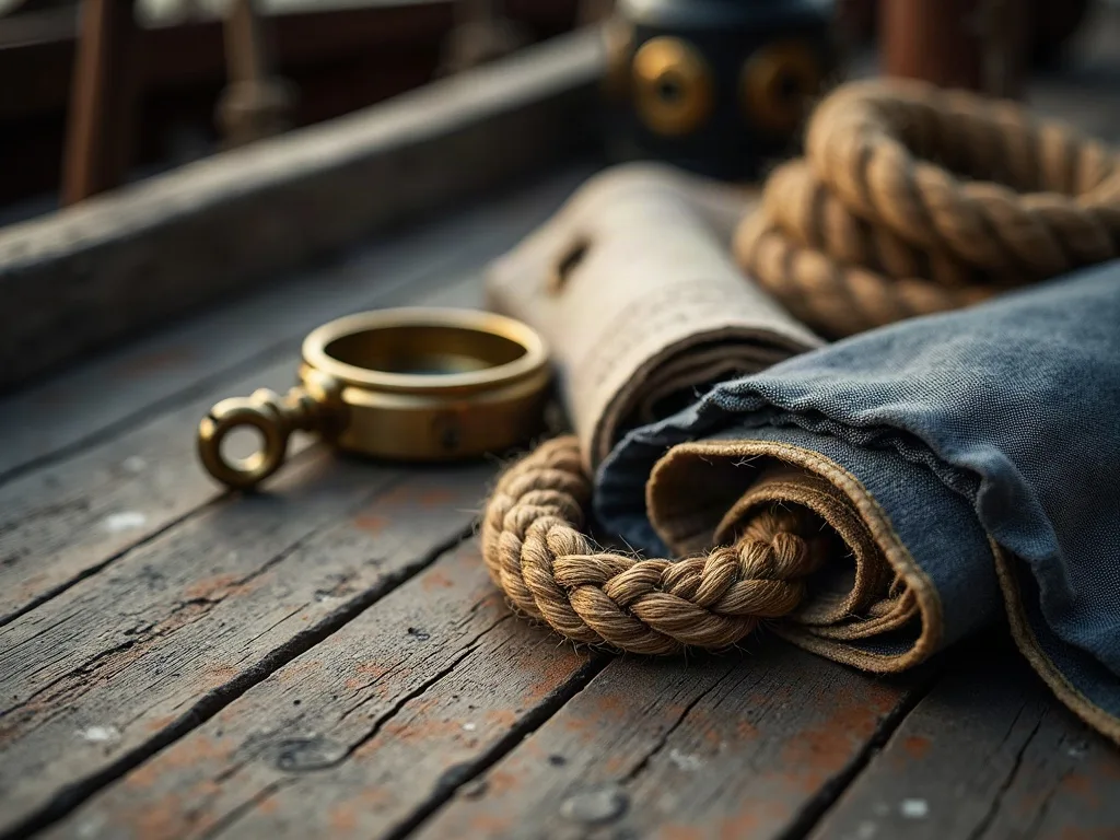 Cordage tressé enroulé sur le plancher en bois vieilli d'un navire, avec loupe et éléments marins en arrière-plan.
