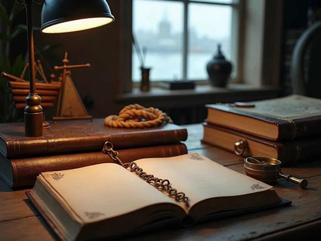Un registre relié en cuir ouvert sous la lampe, près d'une chaîne de laiton, d'un cordage et de vieux volumes empilés.
