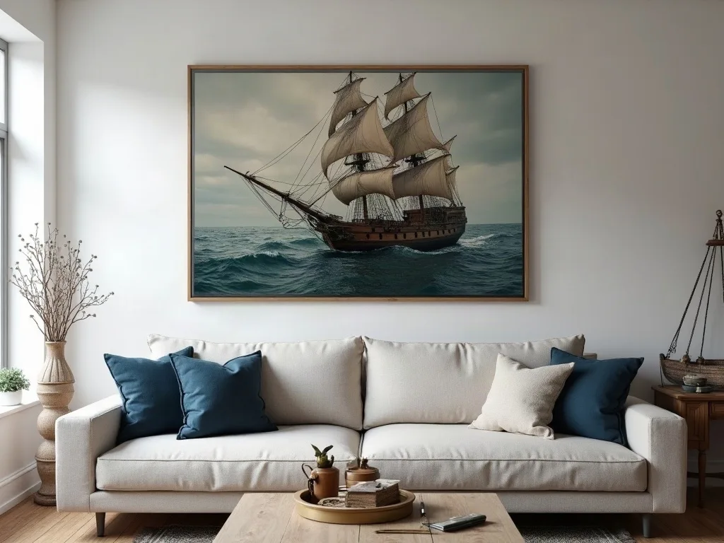 Grand format encadré en bois clair au-dessus d'un canapé beige, coussins bleus rappelant les tons du voilier.